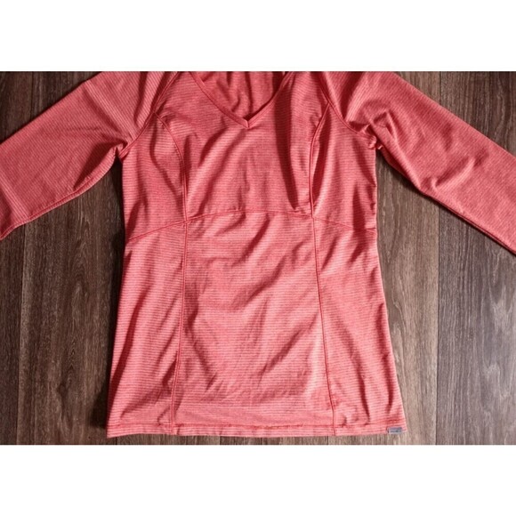 Womens EDDIE BAUER Size Small Athletic Hooded Running Shirt Pink White Stripes - Picture 9 of 11